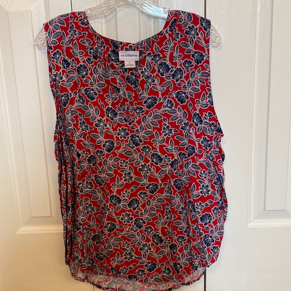 Liz Claiborne V-neck Sleeveless Blouse-Size XL--Tank-Red/White/Blue-EUC